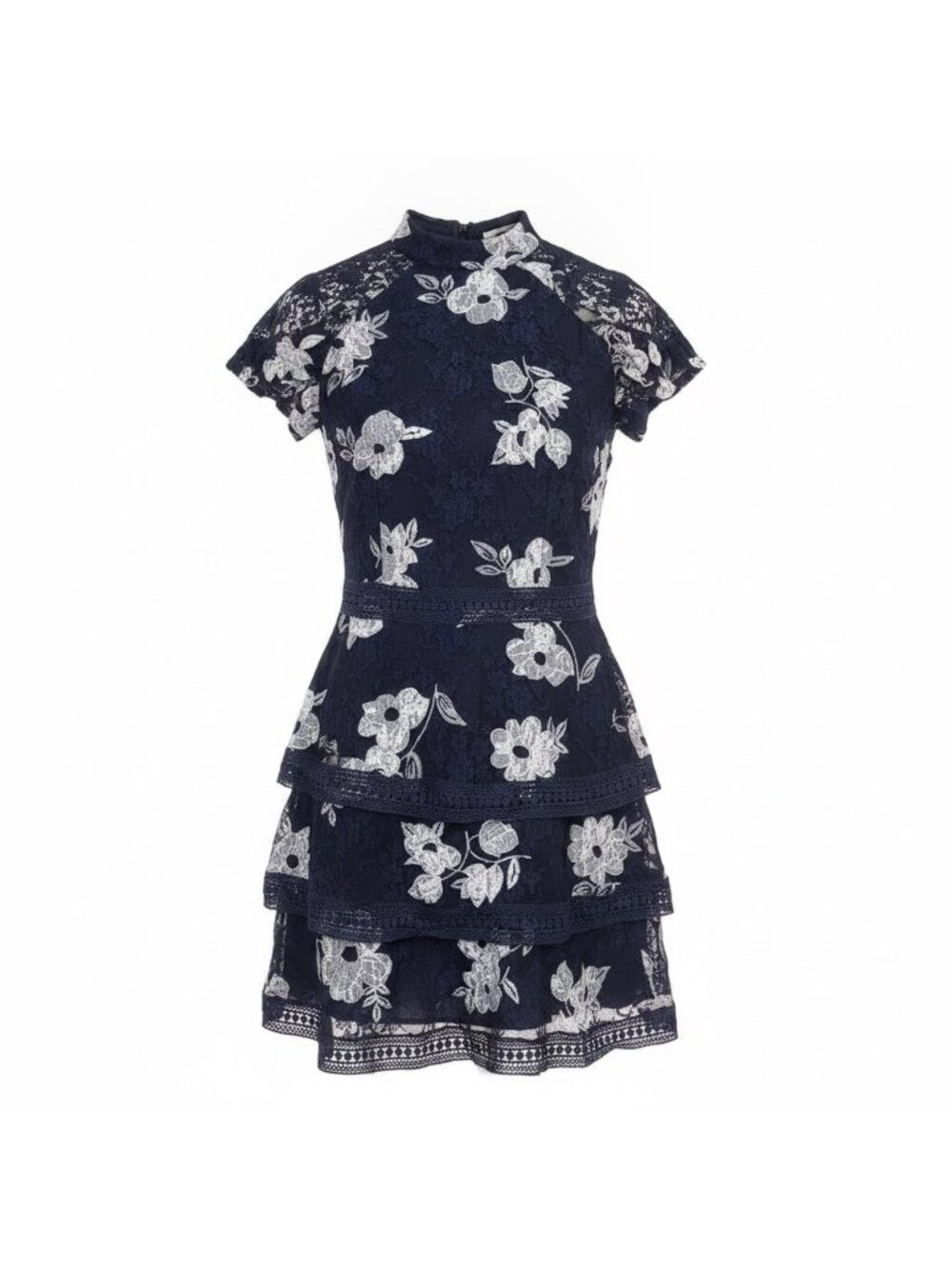 AX Paris Womens Navy Lace Floral Mini Dress Elegant Ruffle Details Size 10